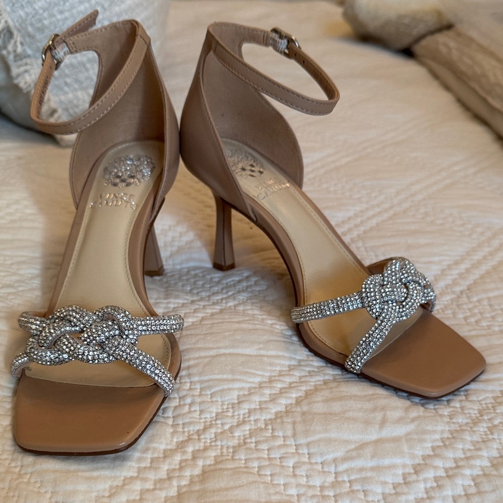 Vince Camuto nude ankle straps with rhinestone detail